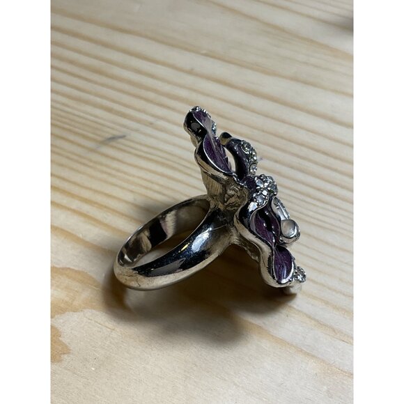 Silver Tone Purple Enameled Rhinestone Ring - Picture 2 of 4